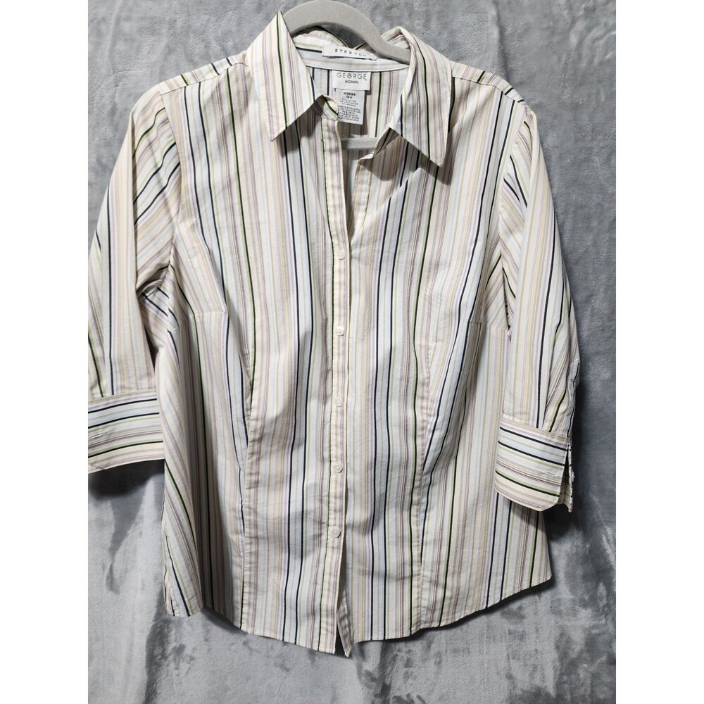 George Button Up Shirt Blouse Stretch 16W Multi-colored Striped 3/4 Sleeve